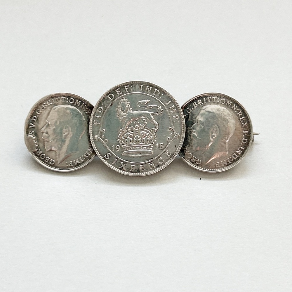 Antique Sterling Silver British Sixpence Threepence Coins Brooch Pin